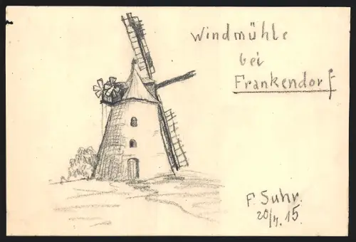 Handzeichnung F. Suhr, Frankendorf / Thür., die Windmühle, 1915