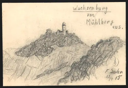 Handzeichnung F. Suhr, Mühlberg / Thüringen, Blick nach der Wachsenburg, 1915