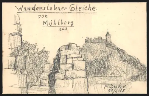 Handzeichnung F. Suhr, Mühlberg / Thüringen, die Wanderslebner Gleiche, 1915