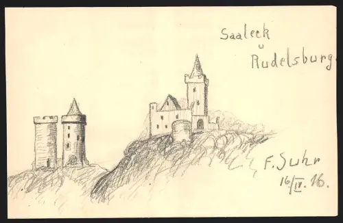 Handzeichnung F. Suhr, Saaleck, Blick nach der Rudelsburg, 1916