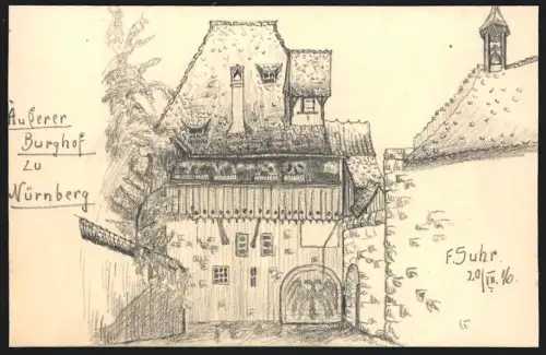 Handzeichnung F. Suhr, Nürnberg, der äussere Burghof der Burg Nürnberg, 1916