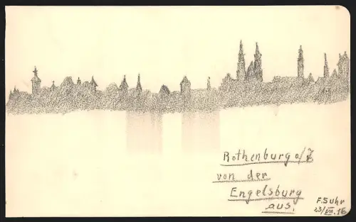 Handzeichnung F. Suhr, Rothenburg / Tauber, Blick nach der Stadt von der Engelsburg aus, 1916