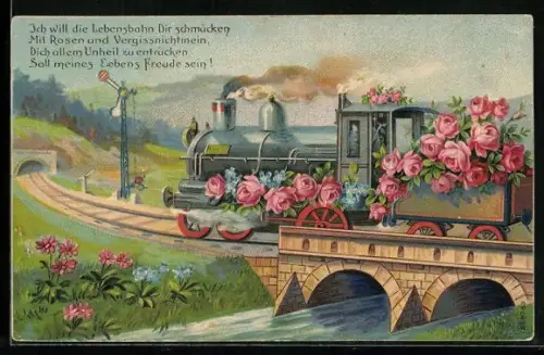 AK Eisenbahn mit Rosen und Vergissmeinnicht