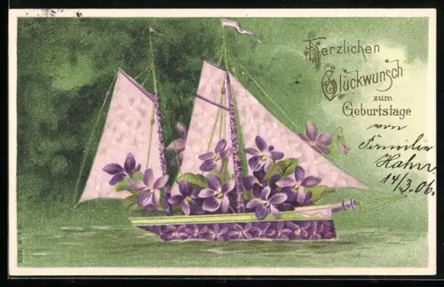 Präge-AK Segelboot mit Veilchen, Geburtstagsgruss