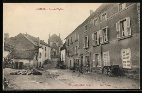 AK Melisey, Rue de l`Église avec charrette et maisons anciennes