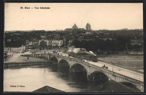 AK Dax, Vue Générale avec le pont et le train traversant la rivière