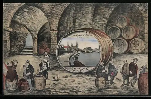 Passepartout-AK Dresden, Ortspartie am Hafen im Fass, Keller mit Bierfässern und Zechern