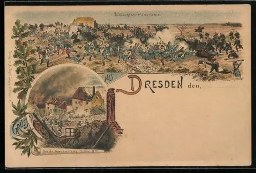 Lithographie Dresden, Schlachten-Panorama Prager Strasse, Die Sachsen vor Paris 1870