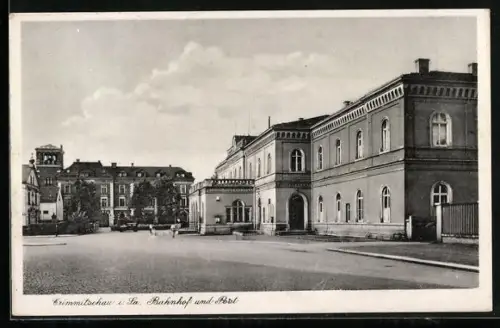 AK Crimmitschau i. Sa., Bahnhof und Post