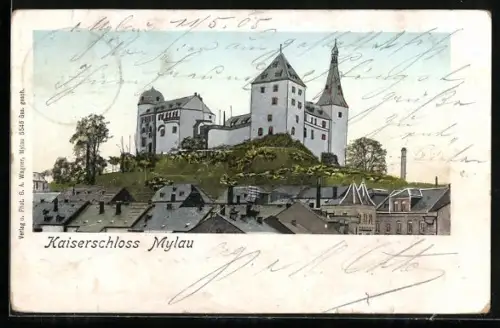 Goldfenster-AK Mylau, Kaiserschloss mit leuchtenden Fenstern