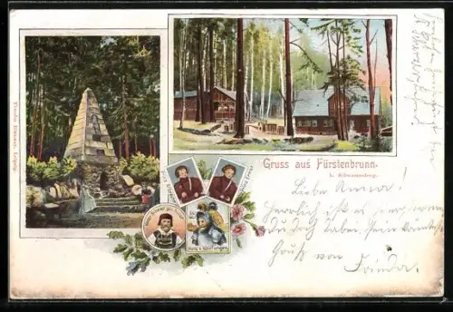 AK Fürstenbrunn b. Schwarzenberg, Ortspartie im Winter, Denkmal, Prinz Albrecht