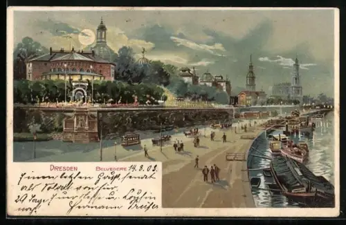 Lithographie Dresden, Cafe Belvedere mit Strassenbahn bei Mondschein