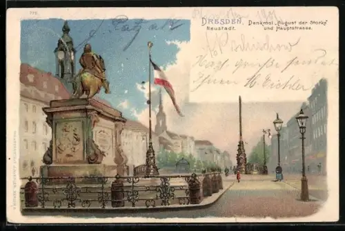 Lithographie Dresden-Neustadt, Denkmal August der Starke und Hauptstrasse