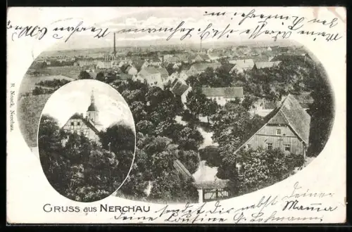 AK Nerchau, Kirche, Teilansicht mit Strassenpartie