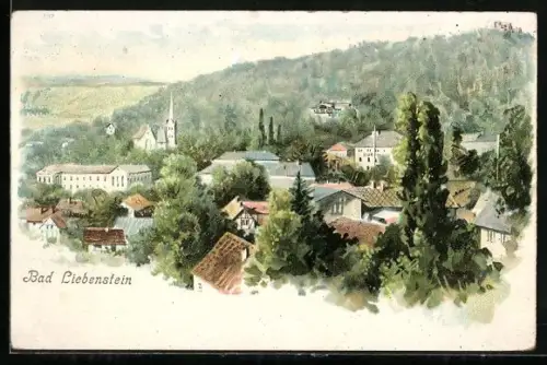 Lithographie Bad Liebenstein, Teilansicht mit Kirche