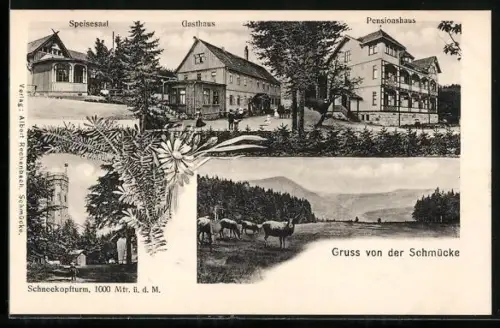 AK Schmücke, Gast- und Pensionshaus mit Speisesaal, Schneekopfturm, Hirsche und Rhe