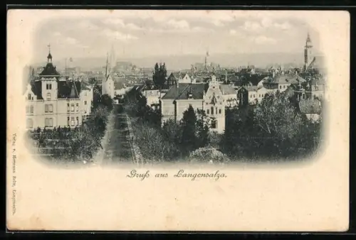 AK Langensalza, Teilansicht mit Kirche und Strassenpartie