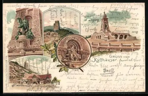 Lithographie Kyffhäuser, Kaiser-Wilhelm-Denkmal, Reiterstandbild, Barbarossa