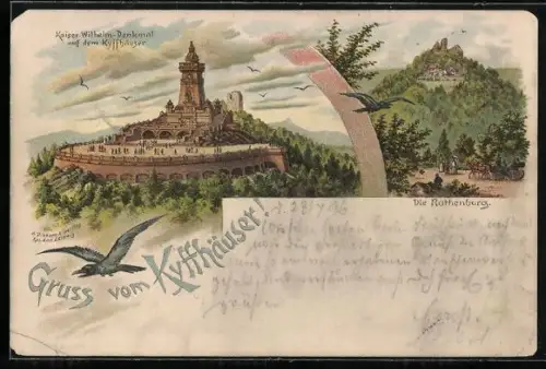 Lithographie Kyffhäuser, Kaiser-Wilhelm-Denkmal, Rothenburg