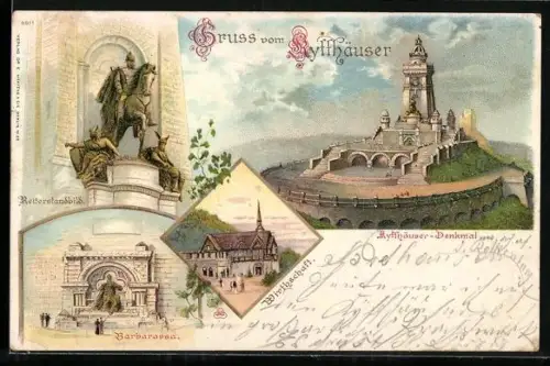 Lithographie Kyffhäuser, Gasthaus, Kyffhäuser-Denkmal, Barbarossa