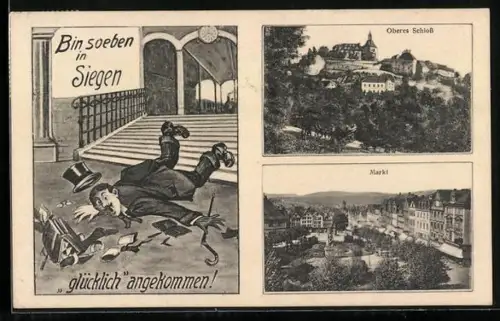 AK Siegen, Oberes Schloss, Markt, Mann ist auf Treppe ausgerutscht