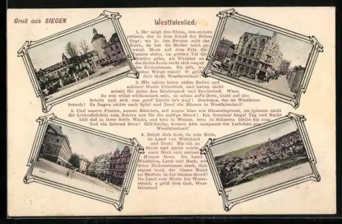 AK Siegen, Unteres Schloss mit Bismarck-Denkmal, Kornmarkt, Strassenpartie, Westfalenlied