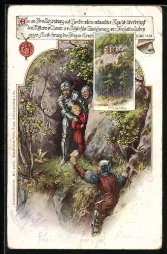 Künstler-AK Hartenstein / Sachsen, Prinzenhöhle, Knecht überbringt den Rittern v. Mosen Zusicherung von Freiheit & Leben