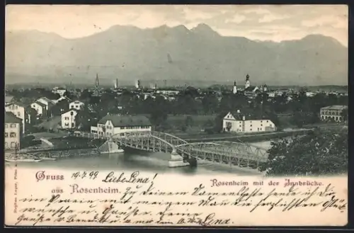 AK Rosenheim, Ortsansicht mit den Innbrücke
