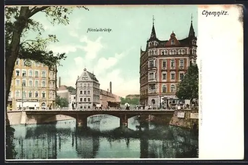 Künstler-AK Chemnitz, Teilansicht mit Nicolaibrücke