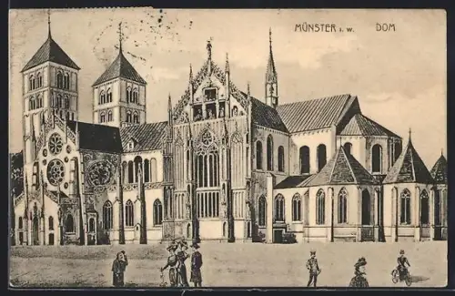 AK Münster i. W., Passanten vor dem Dom