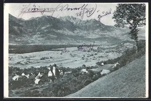 AK Thüringen /Vorarlberg, Totalansicht des Ortes und Gebirgspanorama