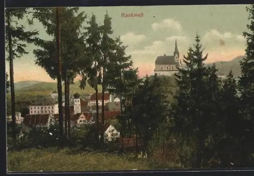 AK Rankweil, Teilansicht des Ortes aus dem Wald heraus mit Kirche