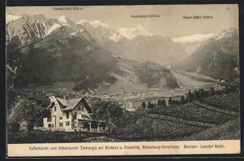 AK Tschengla /Bludenz, Gasthaus von Leander Neier, Blick auf ddas Klostertal und Bürserberg