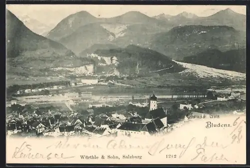 AK Bludenz, Teilansicht des Ortes mit Kirche und Gebirge