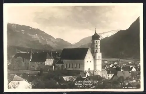 AK Bludenz, Teilansicht mit Stadtpfarrkirche und Schloss Gayenhof
