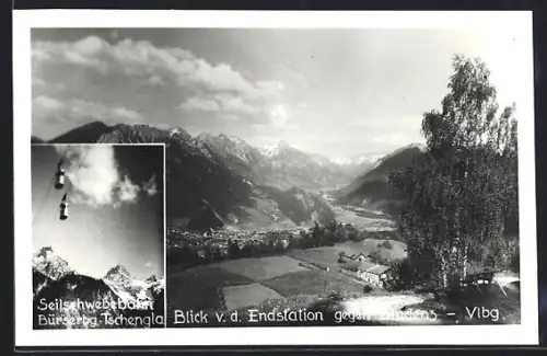 AK Bludenz /Vlbg., Seilschwebebahn Bürserbg-Tschengla, Blick v. d. Endstation gegen Bludenz