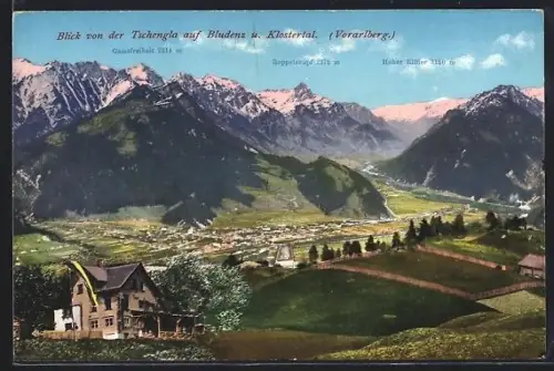 AK Bludenz, Blick von der Tschengla auf den Ort und Klostertal