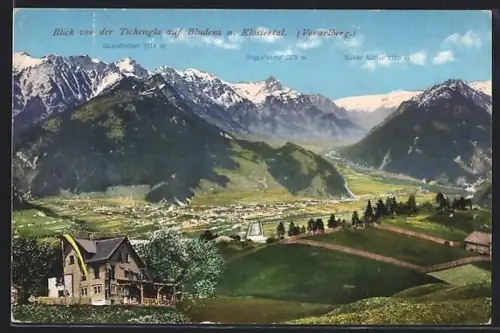 AK Bludenz, Blick von der Tschengla auf den Ort und Klostertal