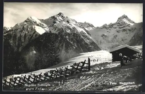 AK Tschengla, Wegpartie im Winter mit Gebirgspanorama