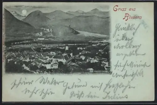 Mondschein-AK Bludenz, Ortsansicht aus der Vogelschau