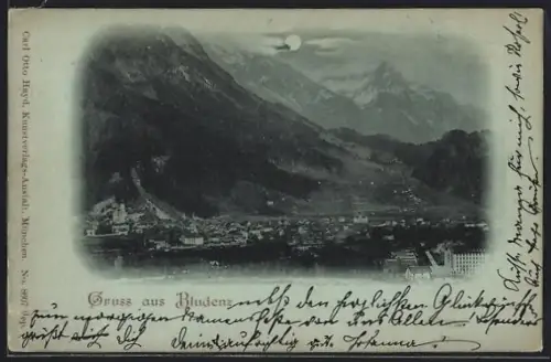 Mondschein-AK Bludenz, Totalansicht des Ortes mit Gebirgspanorama