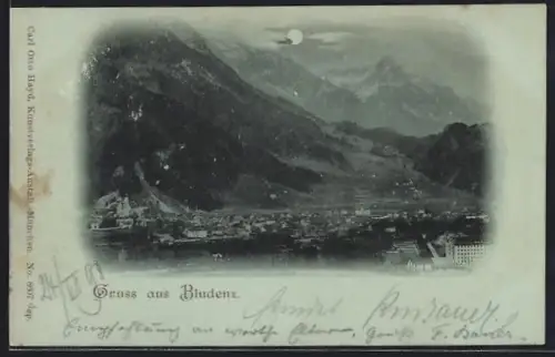 Mondschein-AK Bludenz, Totalansicht mit Gebirgspanorama
