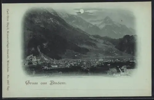 Mondschein-AK Bludenz, Ortsansicht aus der Vogelschau