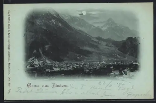 Mondschein-AK Bludenz, Totalansicht mit Gebirgspanorama