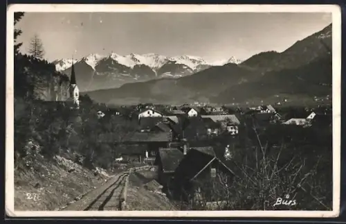 AK Bürs, Teilansicht des Ortes mit Gebirgspanorama