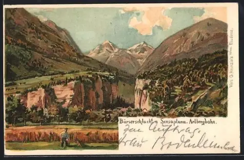 Künstler-AK Bürserschlucht /Arlbergbahn, Panorama mit Scesaplana