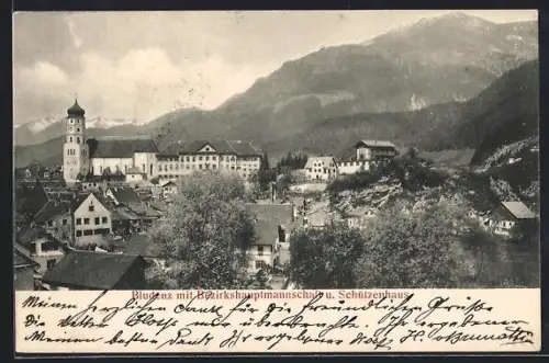 AK Bludenz, Ortsansicht mit Bezirkshauptmannschaft und Schützenhaus