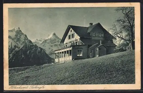 AK Tschengla, Gasthaus mit Zimba und Zwölferkopf