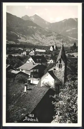 AK Bludesch, Teilansicht des Ortes mit Gebirgspanorama