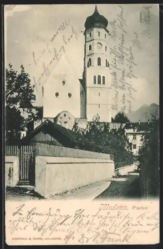 AK Bludenz, Strassenpartie mit Kirche